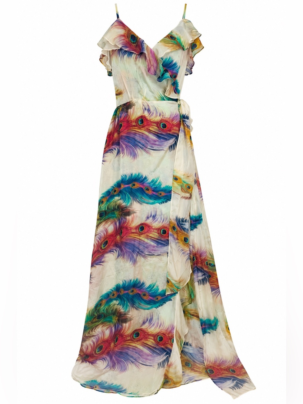 Silk Peacock Feather Print Maxi Dress NWT Medium